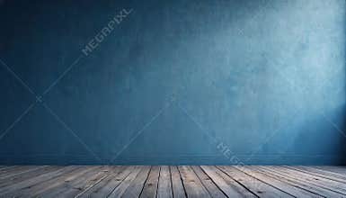 Moody room interior with blue wall and weathered wooden floor. Rustic vintage backdrop with dramatic light is good for product