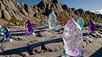 Unique crystal formations with purple hues growing on rocky surface in magical atmosphere