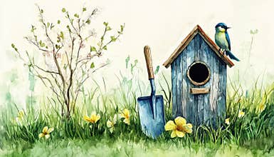 Cute Birdhouse And Garden Tools In Lush Green Grass Watercolor Painting
