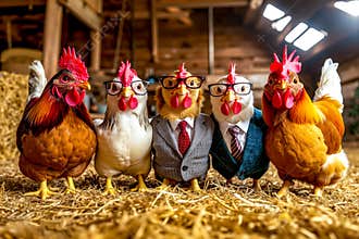 A group of chickens wearing glasses and a suit and tie