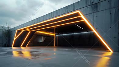 Entrance to modern concrete garage or warehouse with led light, futuristic industrial building exterior