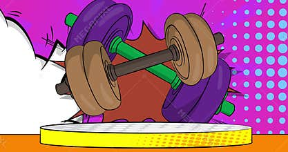 Comic Book Product podium stage animation for presentation with Dumbbell. Retro comics background video.