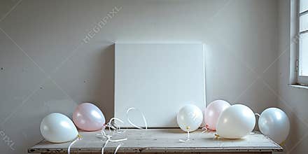 blank white canvas with balloons placed on a wooden desk