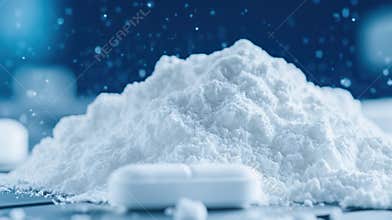 White Powder and Tablets on Blue Background Highlighting Pharmaceutical Themes, AI Generative