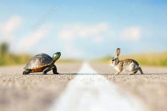Tortoise and rabbit face off on an open road under clear blue sky, AI Generative