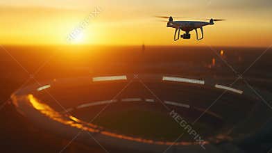 Aerial drone capturing sunset over a large stadium, AI Generative