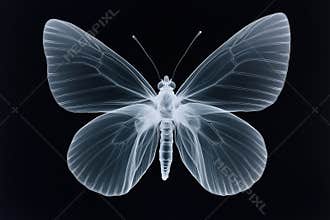 X-ray of a butterfly with transparent wings on a black background, AI Generative