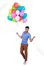 Man holding a bunch of balloons is inviting to party