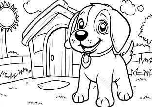 Picture of a cute dog in front of its house. Coloring page for children, ideal for A4 paper