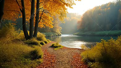 Autumnal River Path: Golden Leaves and Serene Waters