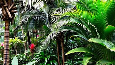 Lush green tropical foliage, dense jungle plants, nature environment stock footage generative AI