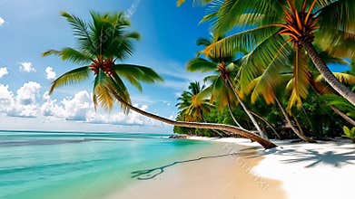 Tropical beach palm tree, turquoise sea, island getaway, vacation vibes stock footage generative AI