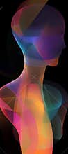 Swirling, translucent ribbons of vibrant hues intertwine, forming an ethereal human bust against a stark black backdrop
