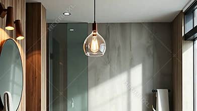 Modern Bathroom Interior, Pendant Light, Minimalist Home Design Style stock footage Generative AI