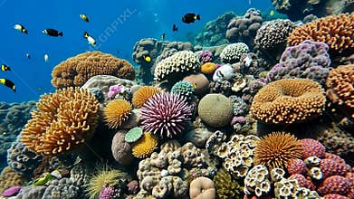 Vibrant coral reef scene, underwater marine life, ocean ecosystem beauty stock footage generative AI