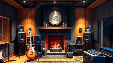 Cozy home studio with fireplace, music instruments, relaxing ambiance stock footage generative AI