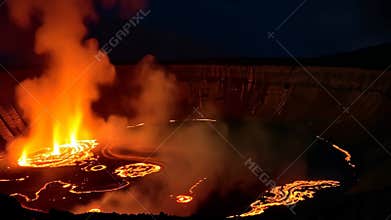 Fiery lava lake at night, volcanic landscape, earth's power, geothermal stock footage generative AI