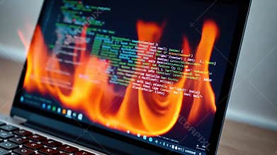 Laptop screen with programming code, software development, digital technology stock footage generative AI