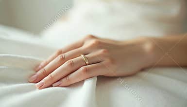 Close-up of female hand with gold ring on soft white fabric. Minimalist peaceful shot, gentle touch, symbol of love, commitment
