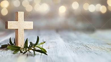 Religion composition. Wooden cross and green olive branch on wood and neutral background with bokeh. Easter, church