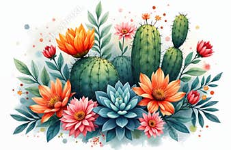 Watercolor illustration of tropical cactus with flowers on white background. Floral design with botanical elements cactus,