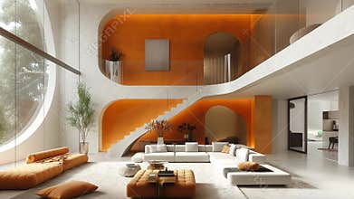 Modern Luxury Two Tones Living Room with Curved Architecture Ai Generative