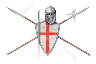 sword helmet shield with red cross and lances isolated on white