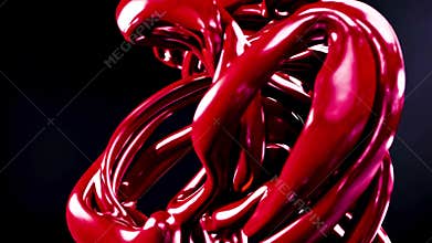 Red metallic knot gleams on dark background expressing challenge entanglement tension vision