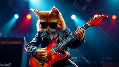 Cool cat in sunglasses and leather jacket playing electric guitar on stage. Funny animal character as rock star performing at