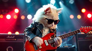 Cool cat in sunglasses and leather jacket playing electric guitar on stage. Funny animal character as rock star performing at