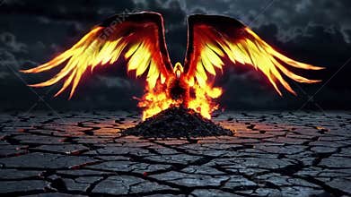 Fiery phoenix rising from ashes in cracked desert land
