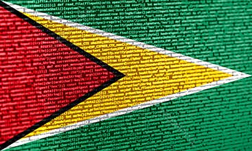 Flag of Guyana over digital code. Concept of cybersecurity, innovation, and digital infrastructure in Guyana. Modern tech