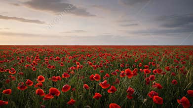 Vast Red Poppy Field Under Cloudy Sky in Open Landscape at Sunset