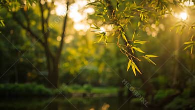 Golden Bamboo Forest Nature Tranquil Scene with Blurry Background and Sunlight