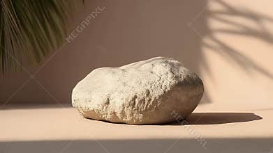 Beige Stone on Neutral Background with Palm Leaf Shadow
