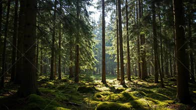 Lush Green Forest with Mossy Ground and Sunlit Trees in Tranquil Atmosphere