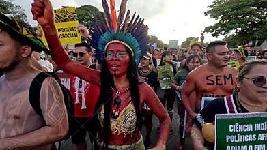 Indigenous Indians from all over Brazil Marching and Chanting at the Annual Acampamento Terra Livre