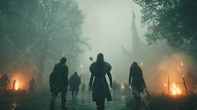 Medieval viking witch casting a powerful curse in enchanted forest