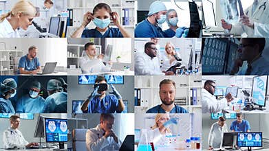 Collection of images featuring medical professionals and scientist in lab and surgery, highlighting teamwork, innovation