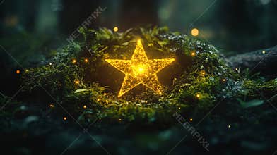 Festive Lights and Glowing Pentagram Star in Wreath, Winter Solstice, Holiday Card