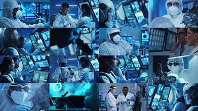 Technology, space exploration and medical concept. Scientists, astronauts, lab equipment and microscopes in biomedical