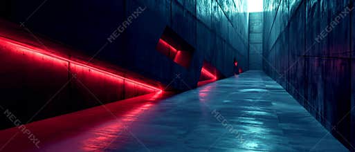 Futuristic concrete corridor, dark garage with grey walls and red led light, building and room interior