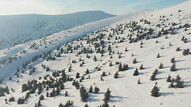 Snow mountains peak clouds sun sunset aerial winter landscape nature