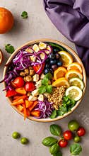 colorful healthy salad bowl with fresh vegetables and fruits overhead view