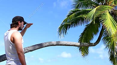 Handsome man is looking around next to palm