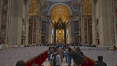 View of Saint Peter's Baldachin in the Basilica. St. Peter's Cathedral from the inside. Vatican. Rome, Italy, 12
