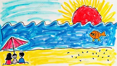 Enjoying a sunny day at the beach with family and swimming fish in a lively crayon drawing