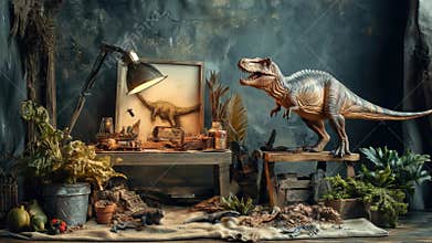 A life-sized T-Rex statue standing near a colorful illustration of a dinosaur, perfect for use in educational or