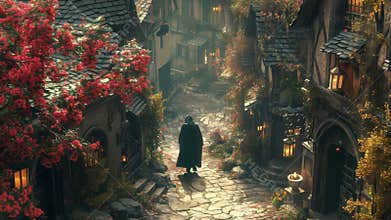 Mysterious Cloaked Figure in Enchanted Village Alley Ai Generative