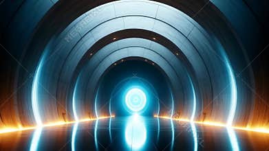 Sliding door open futuristic tunnel with glowing portal light ai generative
